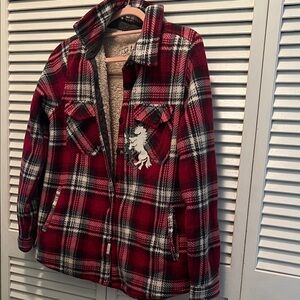 Unisex Red Plaid Jacket with WHT Horse Patch ( S)